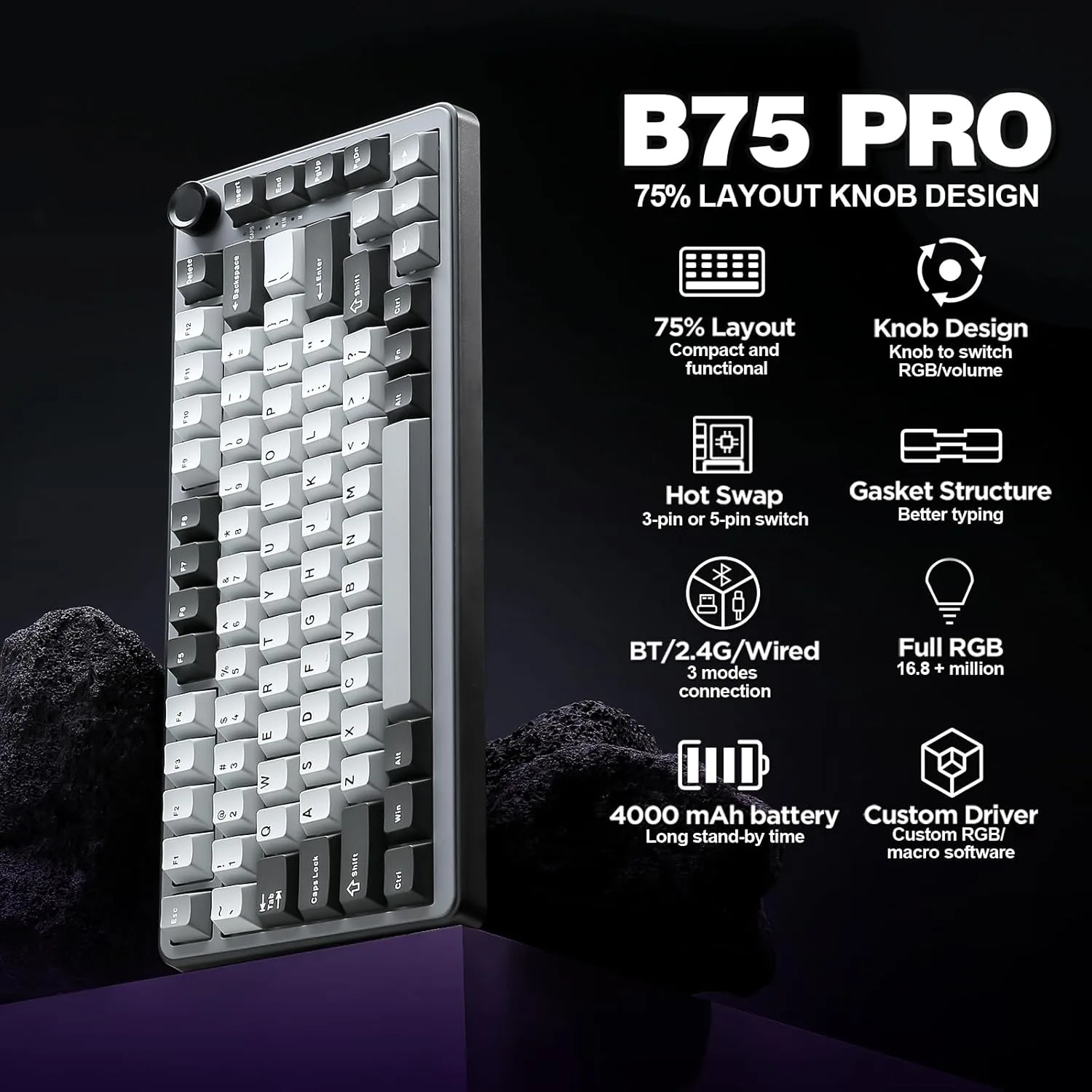 YUNZII B75 PRO 75% Wireless Mechanical Keyboard (Dark Grey,Cocoa V2)