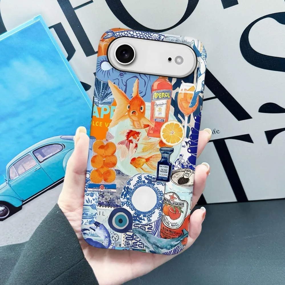Case Compatible with iPhone 17 Air,Fall Prevention Hybrid 2-Layer Hard Shell Phone Cover for Girls Boys,Fish Orange Collage European