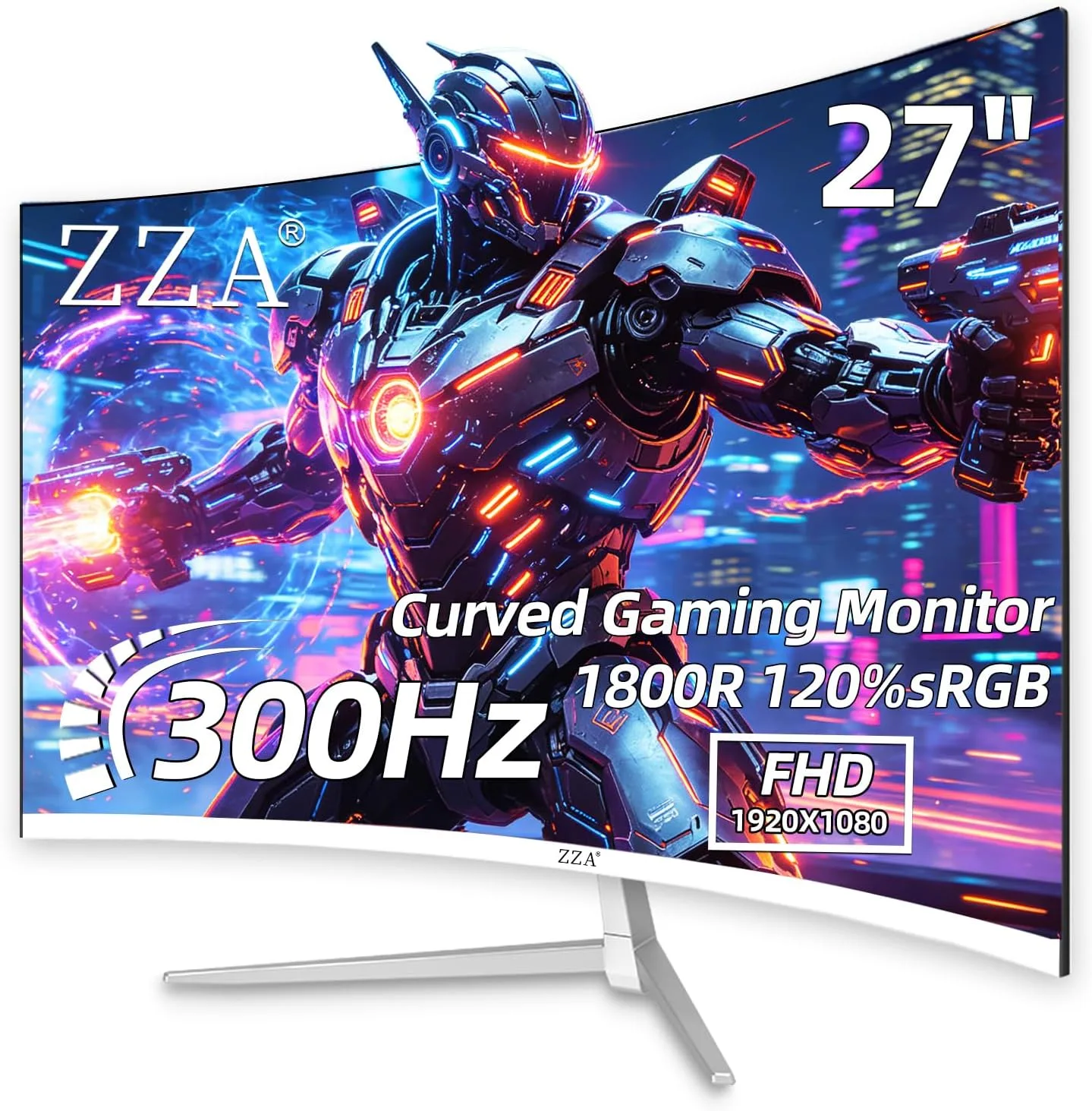 ZZA 27 Inch Curved Gaming Monitor 300Hz White Computer Monitor FHD 1080p