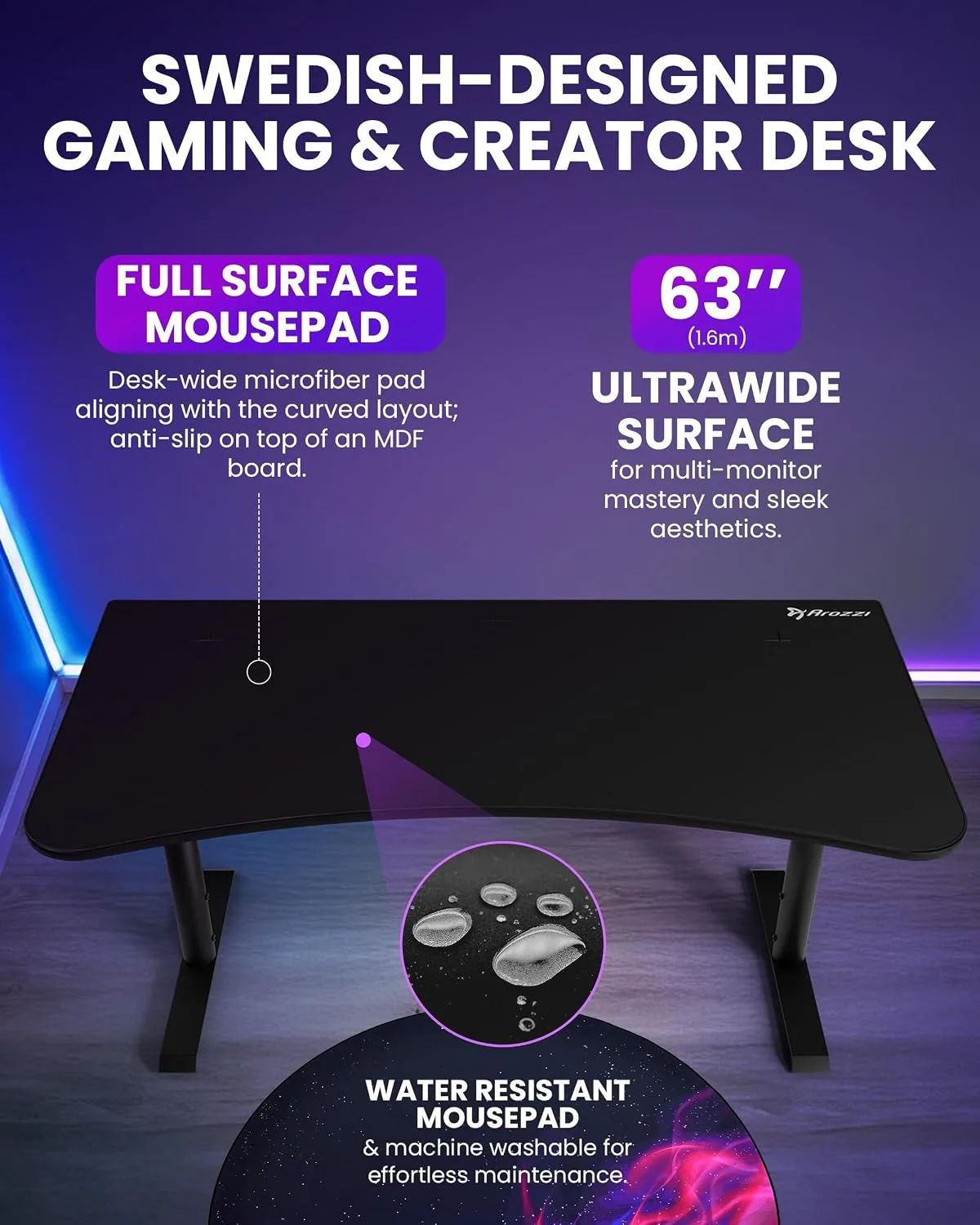 Arozzi Arena Ultrawide Curved Gaming Desk Pure Black