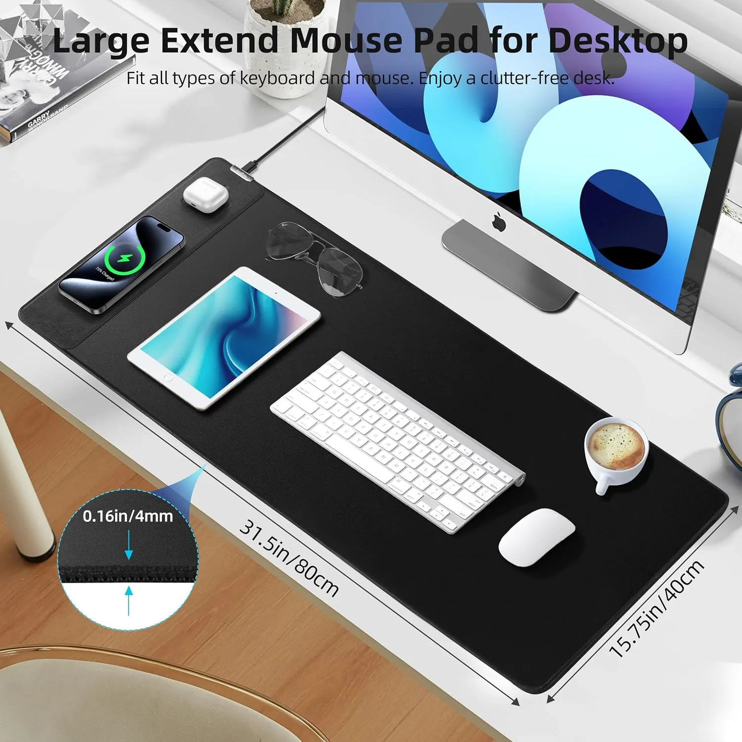 Magnetic Wireless Charging Mouse Pad, 31.5"x15.8" XXL Desk Mat