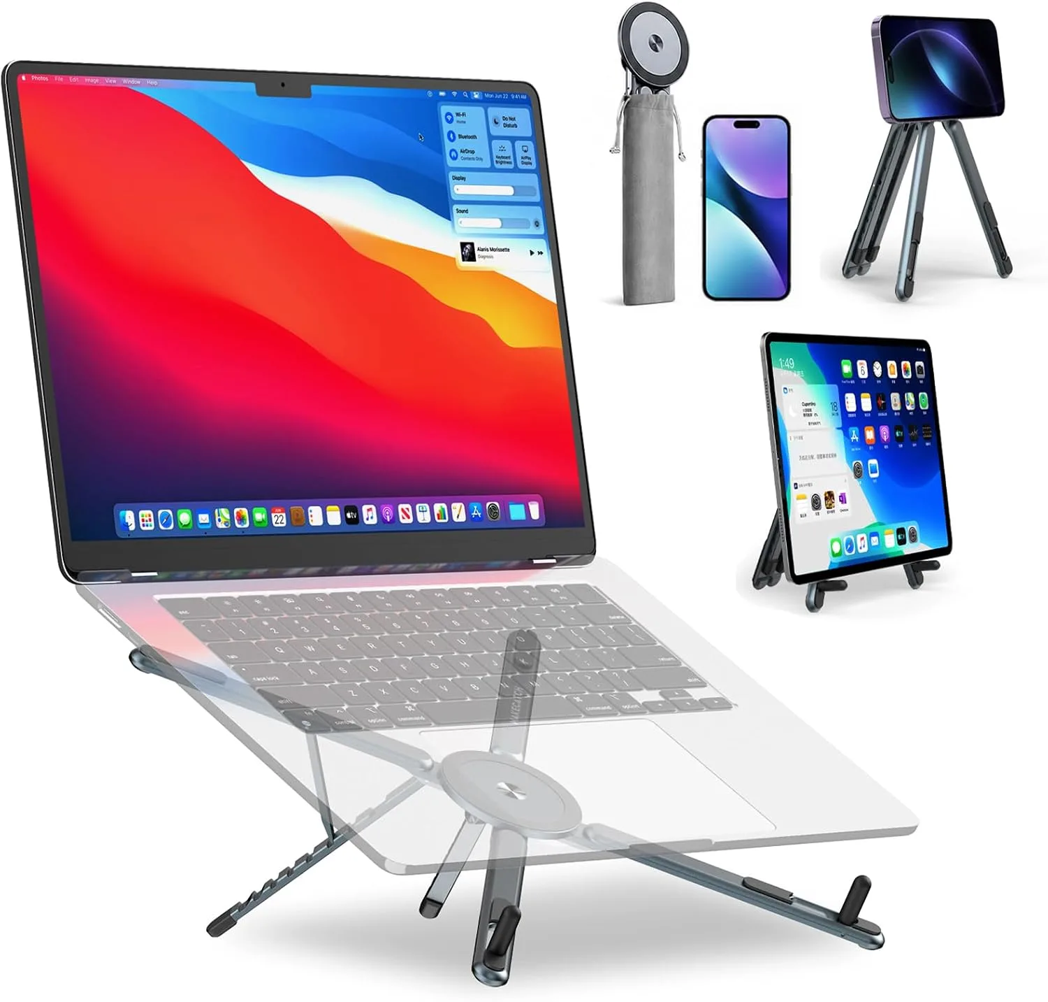 Portable Laptop Stand for Desk, 3-in-1 Adjustable Holder (Gray)