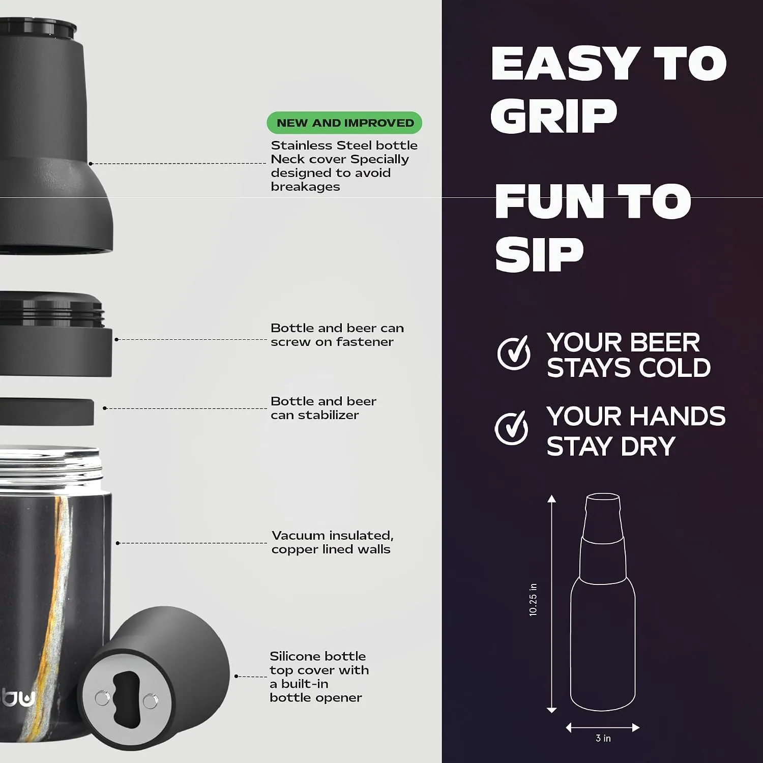 Asobu Frosty Beer Holder 2 Go Vacuum Insulated Double Walled Stainless Steel Beer Can and Bottle Cooler with Beer Opener, Bpa Free, Fits Standard 12oz Bottles, Gift for Beer Lovers (Midnight Marble)