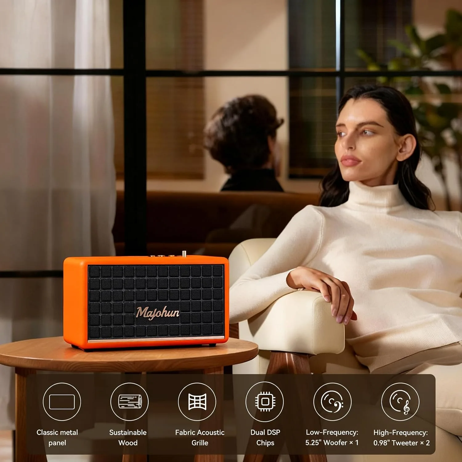120W Peak Vintage Wood Bluetooth 5.4 Speaker, TWS Stereo (Orange) | Retro style 5.35" woofer with adjustable bass & treble control, deep rich sound, fits home, office, party and outdoor use.
