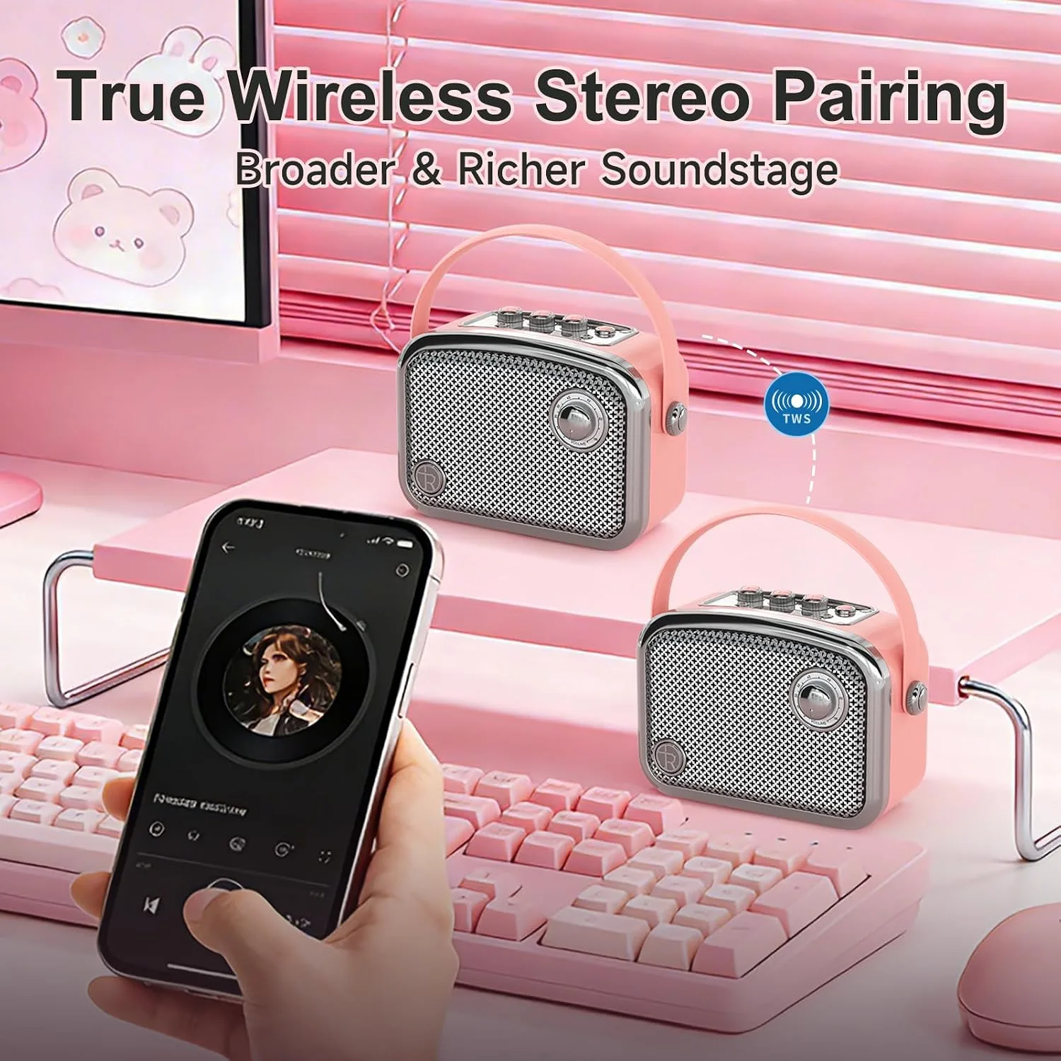 Retro Bluetooth Speaker, 40W, Vintage Decor, Small Gift for Women Man, Pink