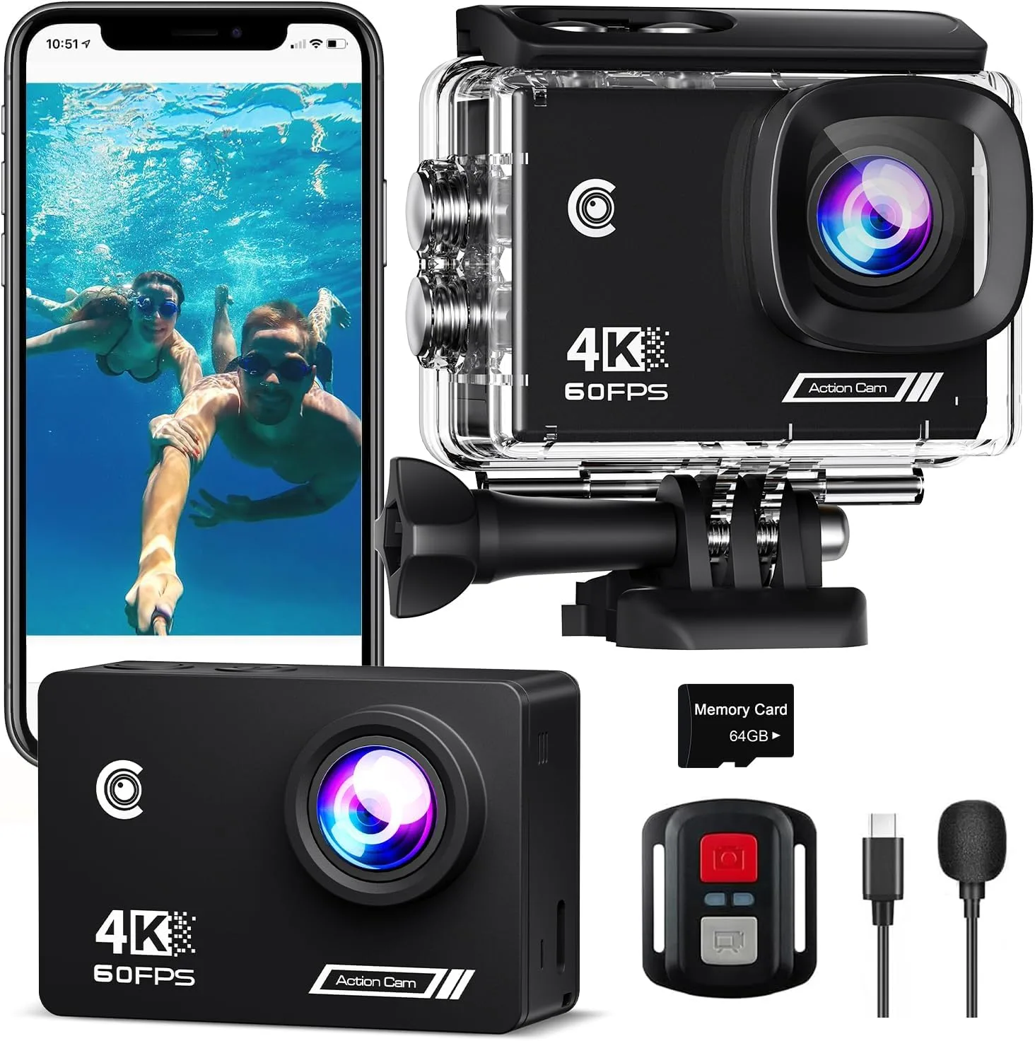 Action Camera 4K30fps with 64G SD Card,HD Waterproof Camera 131ft Underwater Cameras 20MP Pre-recording WiFi Camera 170° Remote Control Sports Cameras with 2 Batteries Helmet Mount Accessories Kits