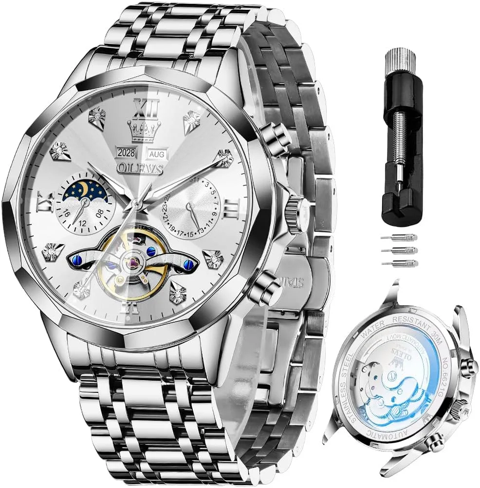 Reloj de pulsera Olevs Skeleton automático para hombre acero inoxidable con calendario