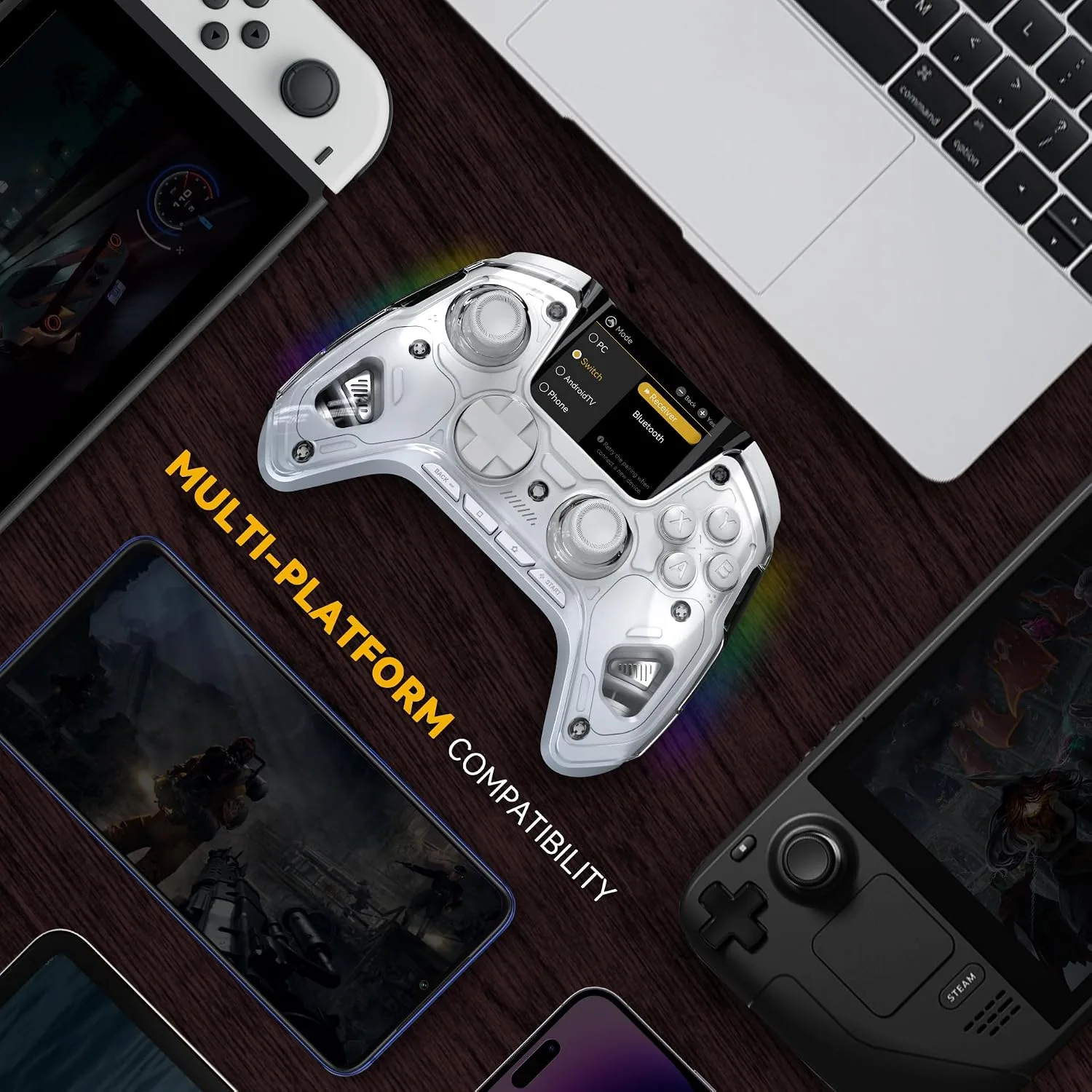 ManbaOne Interactive Screen Wireless Gaming Controller for PC/Switch/Switch 2/iOS/Android,Hall Effect Stick & Trigger,RGB Lighting,Remappable Buttons,1800mAh with Charging Dock (White)
