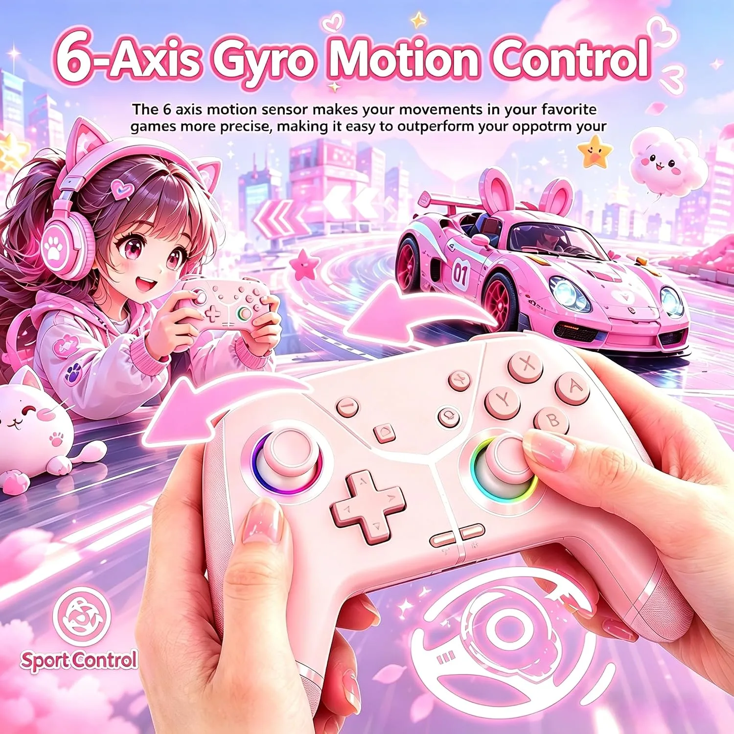 Switch Controller, Wireless Pro Controller for Nintendo Switch 2/Switch/Lite/OLED, Bluetooth controllers Compatible with iPhone/Mac/iPad/iOS/Android/Phone/PC/Steam and TV with Programming/RGB4/Vibration / 3 Turbo Modes/6-Axis/Motion (Pink)