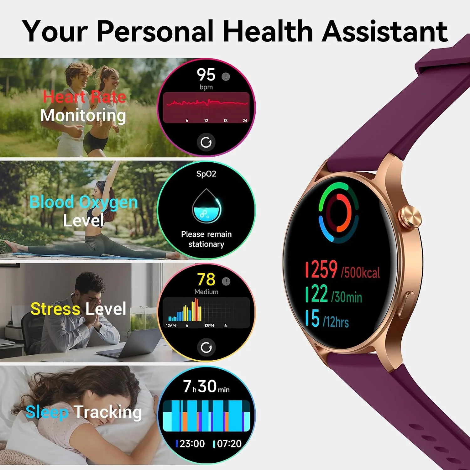 Fitpolo Smart Watch for Women,1.3" AMOLED Fitness Tracker (Burgundy)