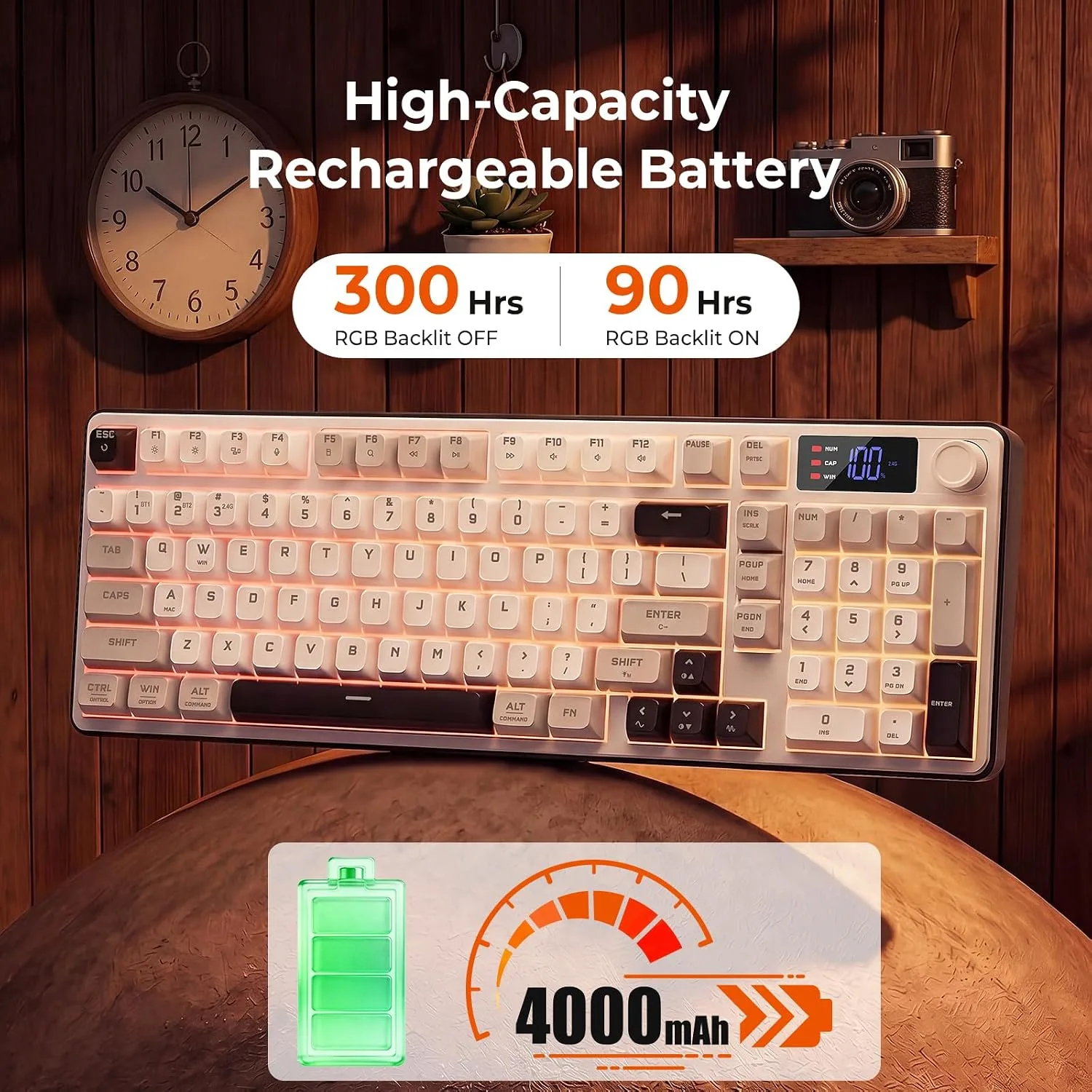 Redragon Wireless Gaming Keyboard, 98-Key Tri-Mode (BT/2.4G/Wired) RGB Computer Keyboard with Knob & Display, Fade-Resistant PBT Keycaps & 4000mAh Battery, Compatible with Windows/Mac - White Gray