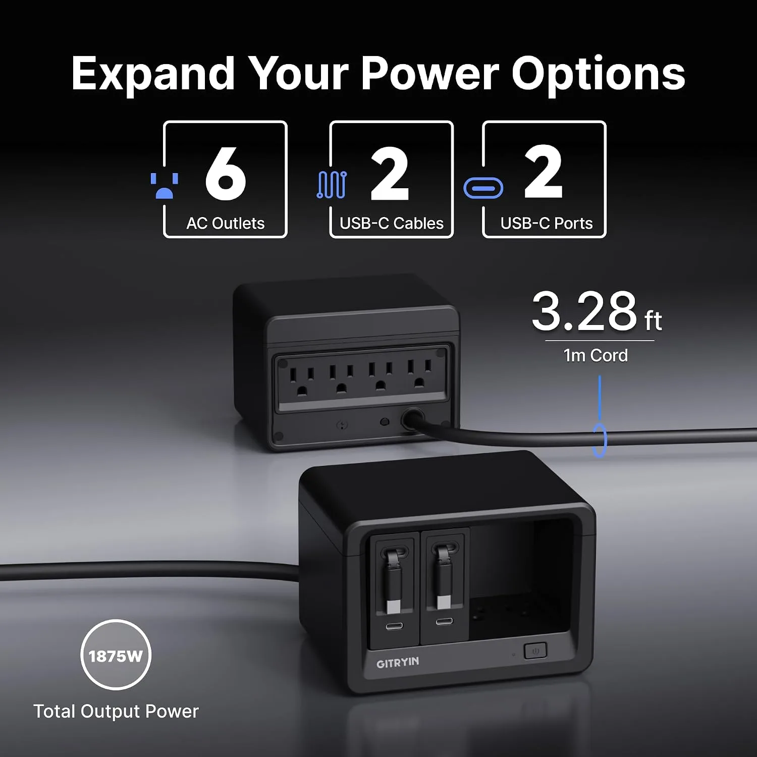 Gitryin 10-in-1 Desktop Charging Station, 6 AC, 80W Retractable GaN Charger