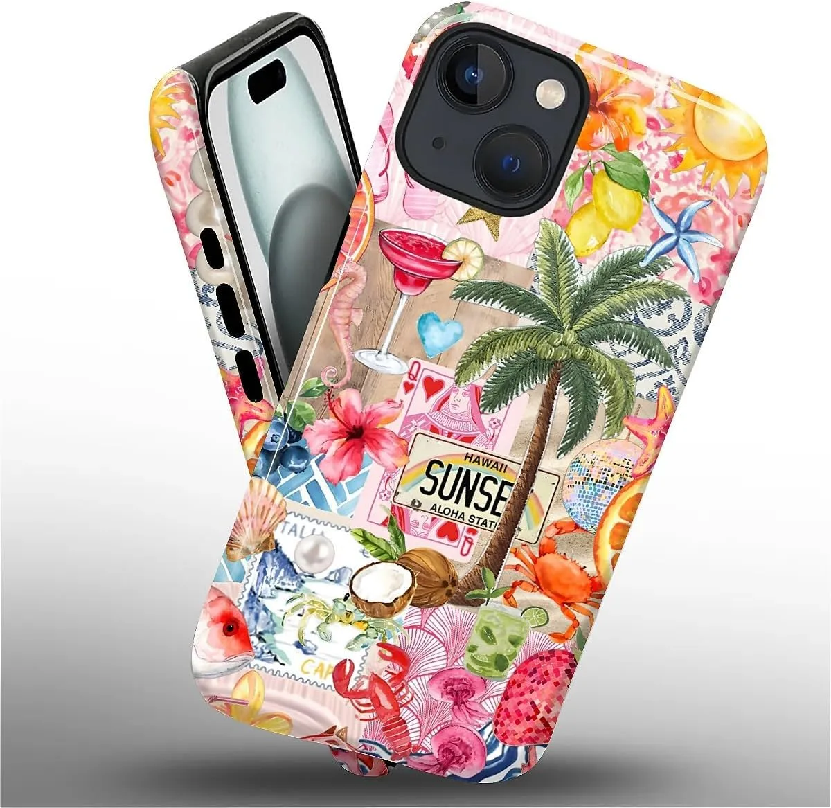 DAIZAG Case for iPhone 15,Mixed 2 Layer Design Shockproof Soft TPU Ddouble Protection Phone Case for iPhone 15-Aesthetic Summer Beach