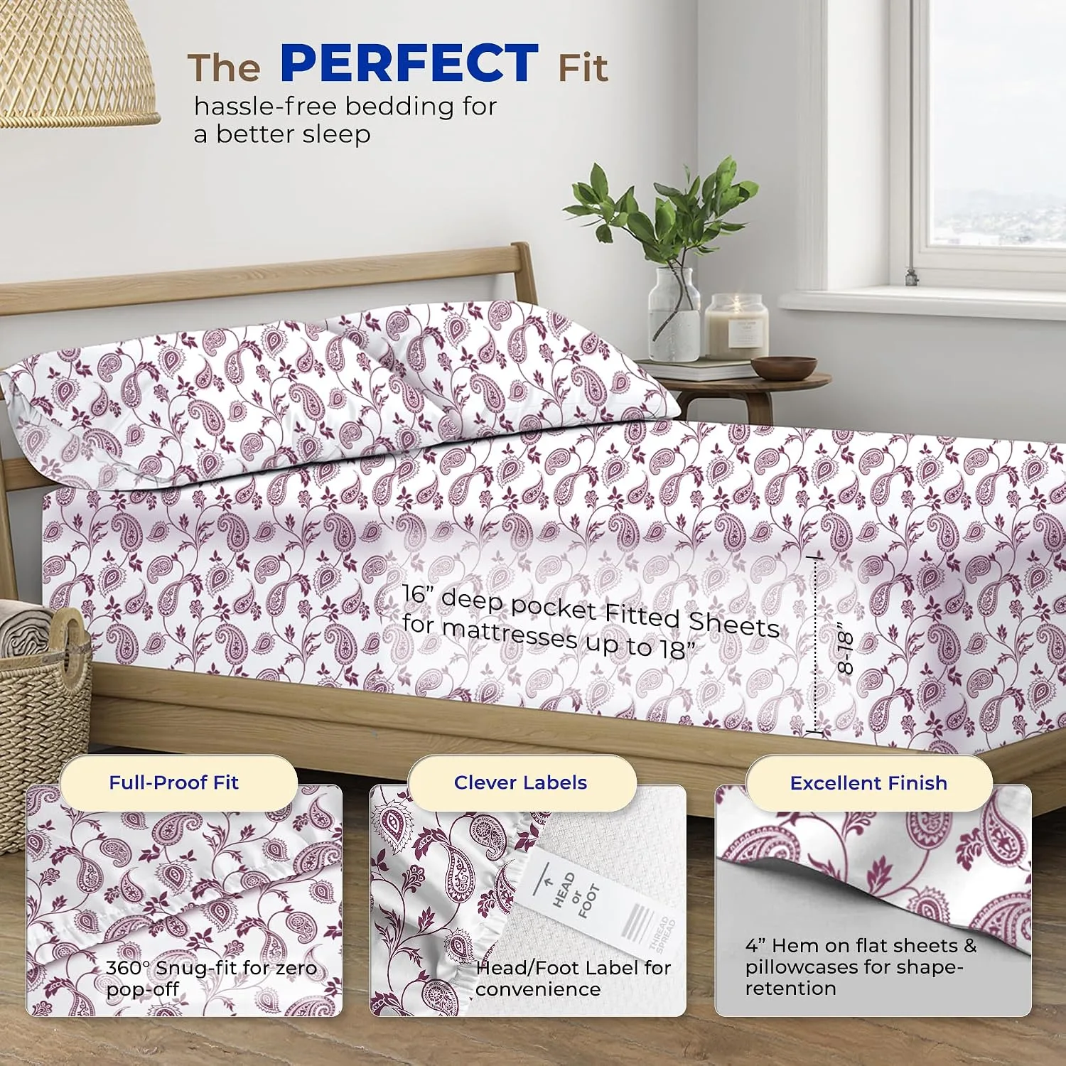THREAD SPREAD Egyptian Cotton Sheets King Size - Luxury 600 Series King Size Sheets Set (4 PC, Paisley), 16" Deep Pocket All Around Elastic, Soft, Cooling, Sateen Weave, Durable Hotel Bed Sheet Sets