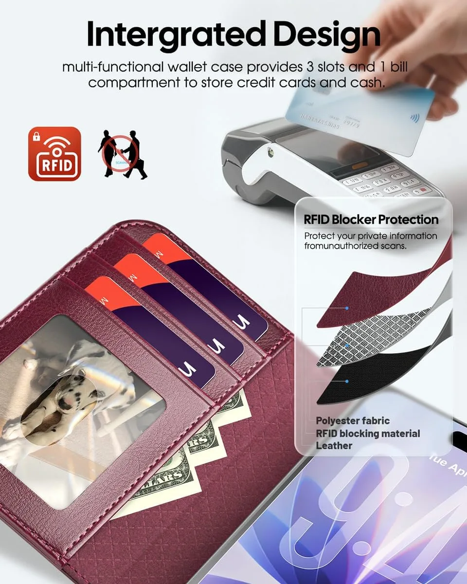 OCASE for iPhone Duo Wallet Case with Card Holder, Burgundy