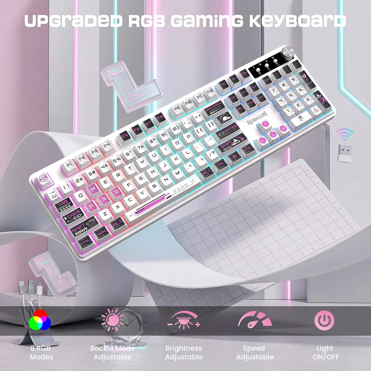 Redragon RM104 Wireless Gaming Keyboard with Knob, Tri-Mode BT/2.4G/USB-C RGB Computer Keyboards, 4000mAh Battery, Programmable Software Support, Anti-Ghosting, Compatible with PC Mac - Pink & White