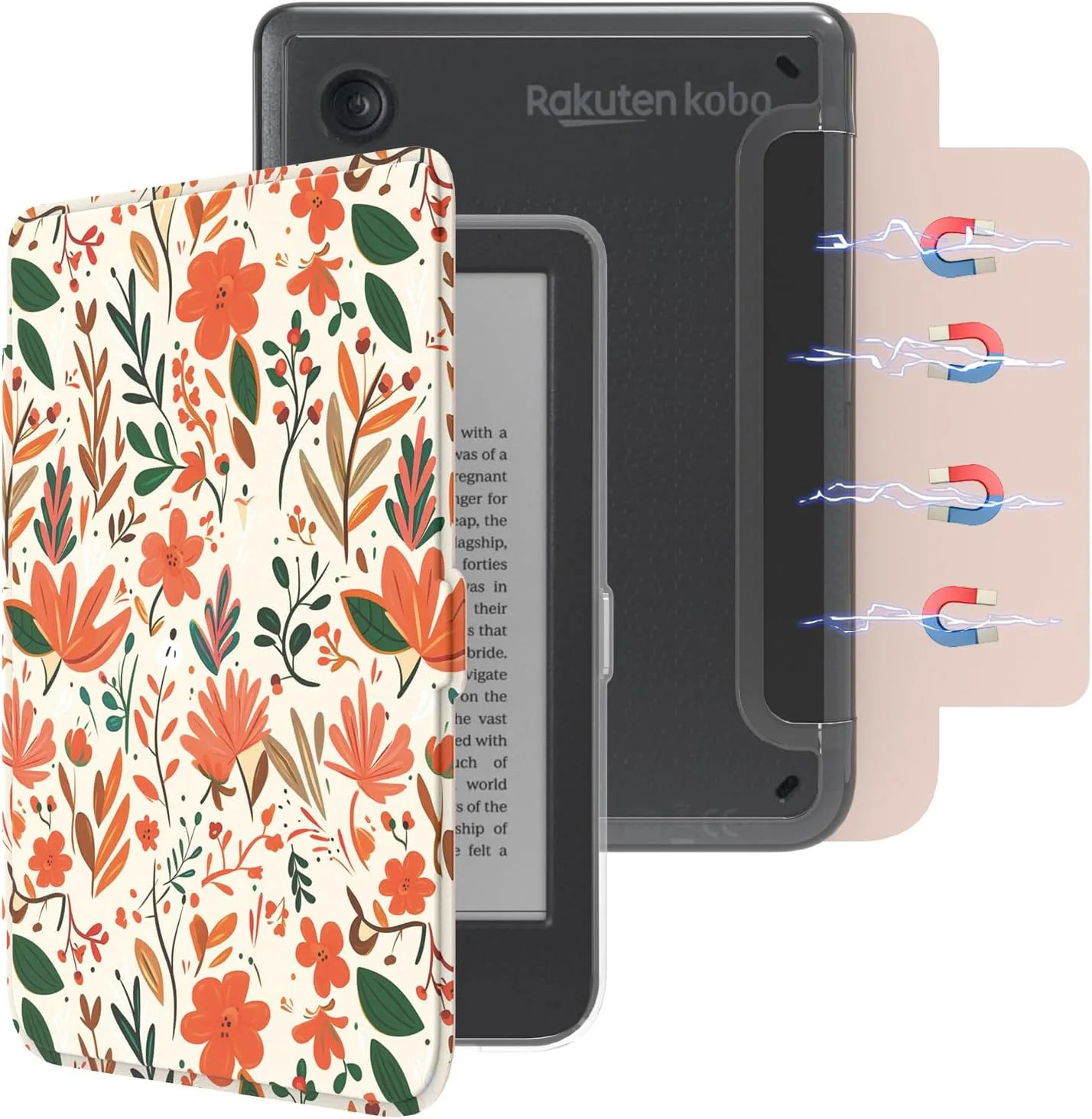 E NET-CASE Detachable Magnetic Case for 6" Kobo Clara Colour (2024) /Clara BW(2024) /2E(2022) eReader,Ultra Clear Back丨Easy to Detach & Attach丨Auto Sleep/Wake (Painted Summer Flowers)