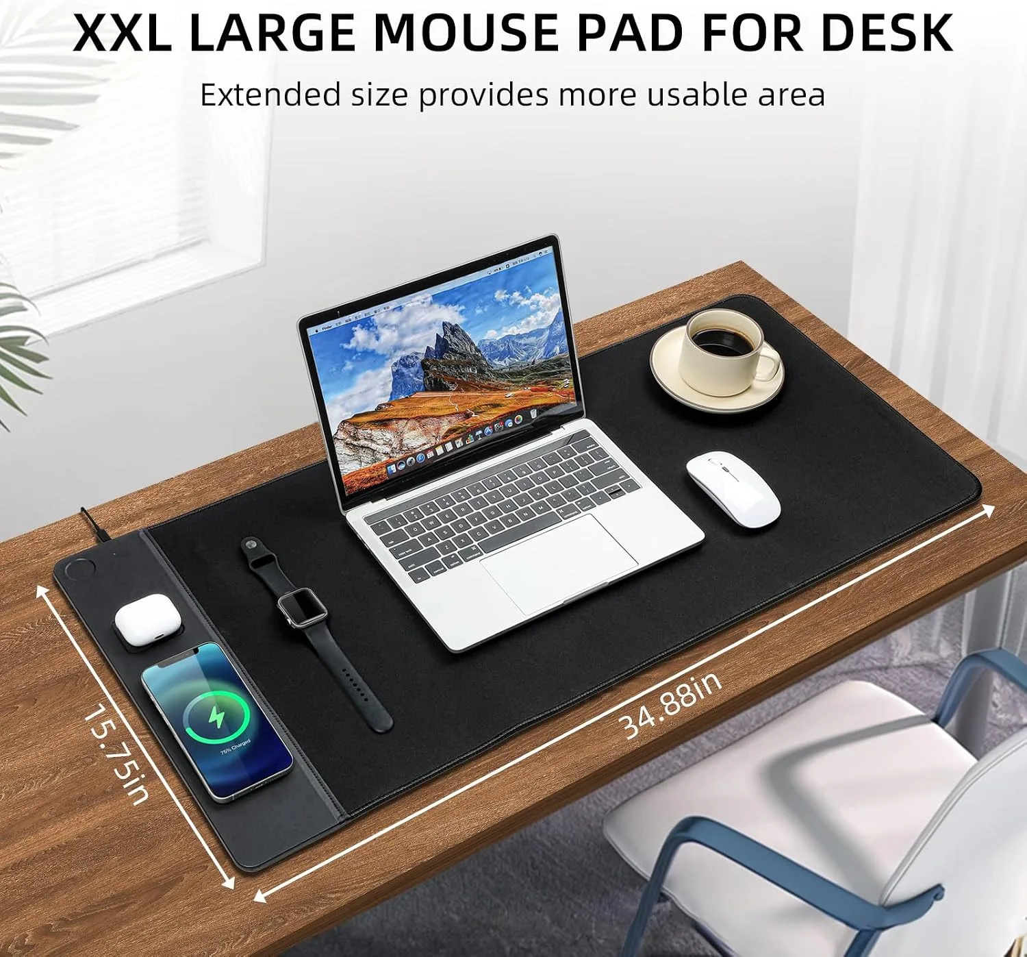 VOVIPO 3 in 1 Wireless Charging Mouse Pad, Gaming Mousepad with Wireless Charger Multiple Devices Compitable with Watch/iPhone/Airpods, Large Desk Mat 90 x 40cm,Desk Pad for MacBook, PC, Laptop-Black