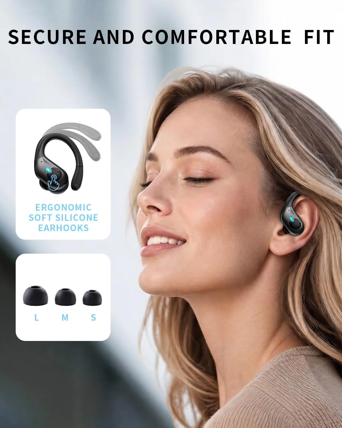 Active Noise Cancelling Ear Buds Wireless Earbuds 90H Playtime Bluetooth Headphones Stereo Bass Over-Ear Hooks Earphones with Power Display Case IPX7 Waterproof Headset for Workout/Running, Black