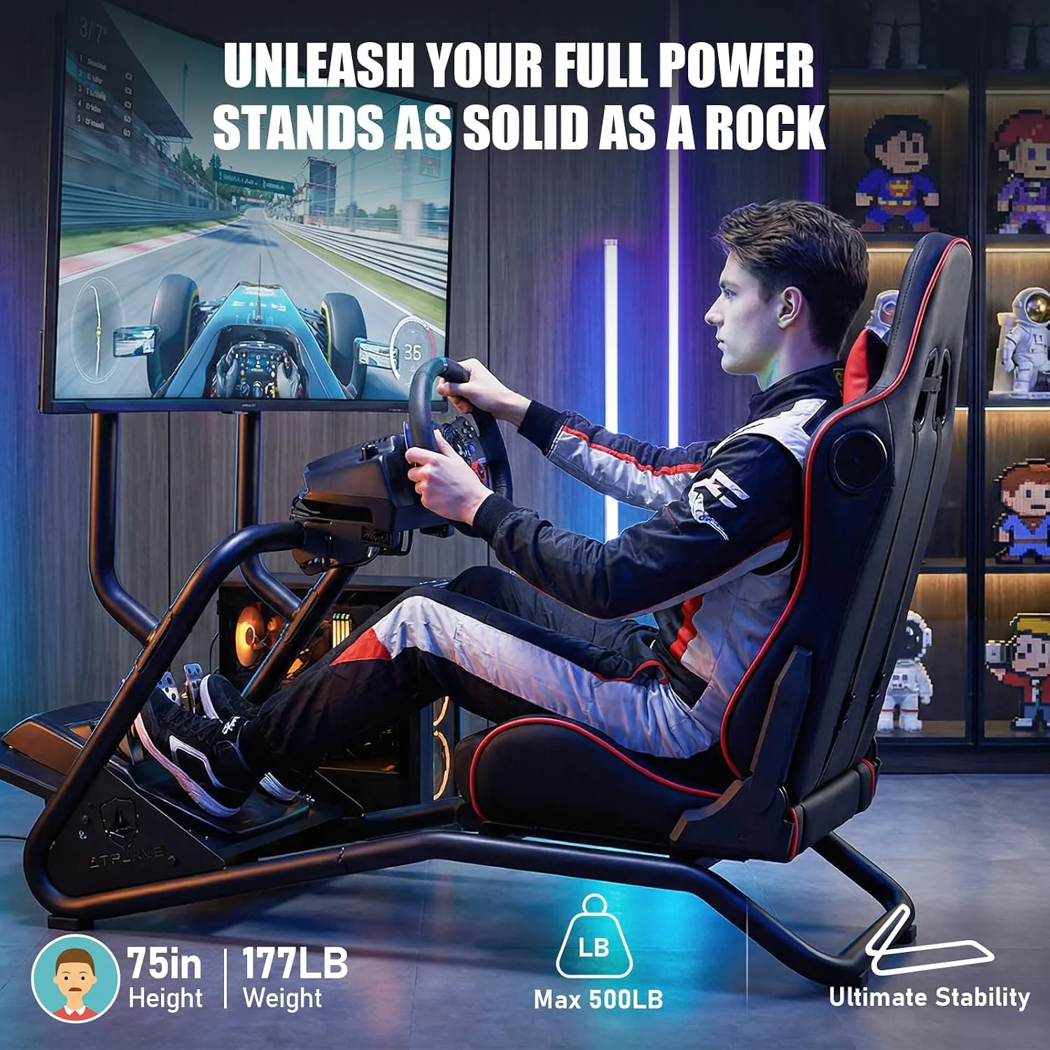 GTPLAYER Racing Simulator Cockpit with Monitor Stand and Seat and Bluetooth Speakers, Racing Style Reclining Seat and Ultra-Sturdy Alloy Steel Frame Racing Wheel Pedals NOT Included, Red