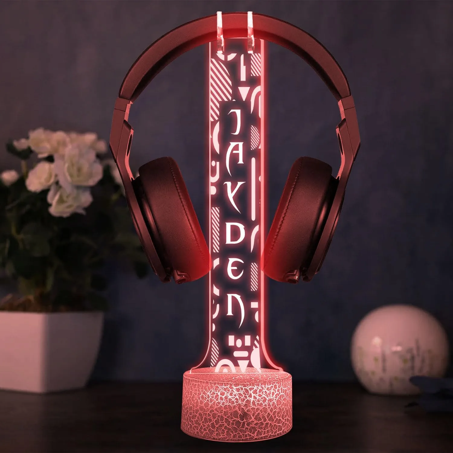 Custom Gamer Headphone Holder with RGB LED Lights, Personalized Name Headset Stand, Valentine Gift for Boyfriend Girlfriend, Gift for Him Her, Game Room Decoration