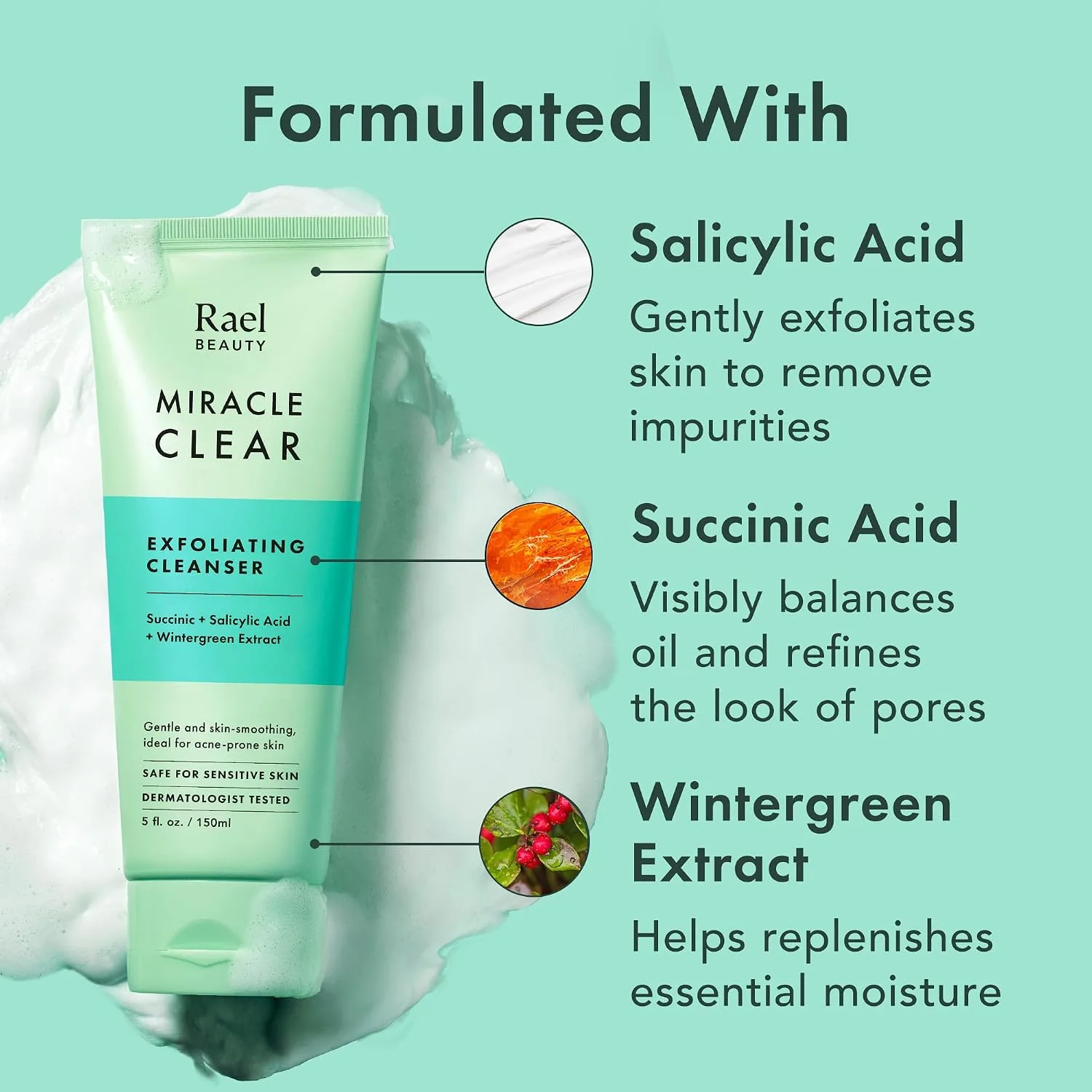 Rael Miracle Clear Facial Cleanser Face Wash (Exfoliating Cleanser, 5.1 oz)