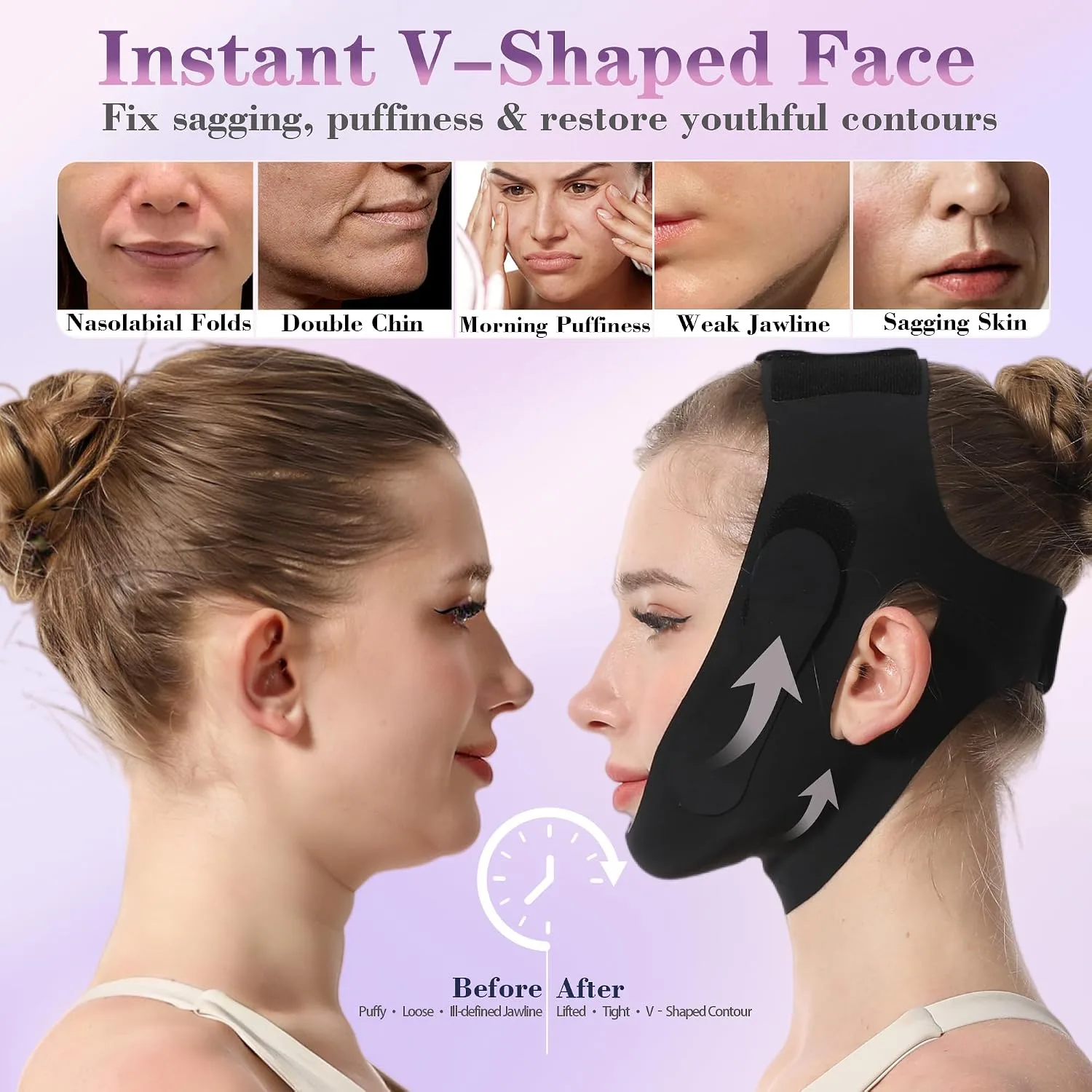 Graphene Chin Strap For Sleeping, Reusable V Line Lifting Mask & Double Chin Reducer with 3D Adjustable Design, Breathable Skin-Friendly Jawline Shaper Face Lift Belt for Women & Men (Black)