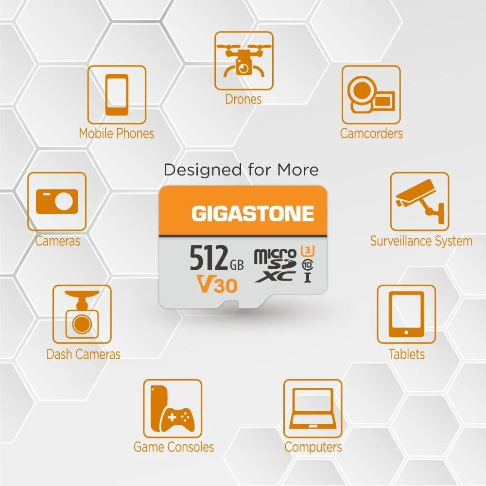 GIGASTONE 512GB Micro SD Card, for Surveillance, Security Camera, Action Camera, Drone, 100MB/s, A1 V30 4K Video Recording MicroSDXC Memory Card UHS-I Class 10