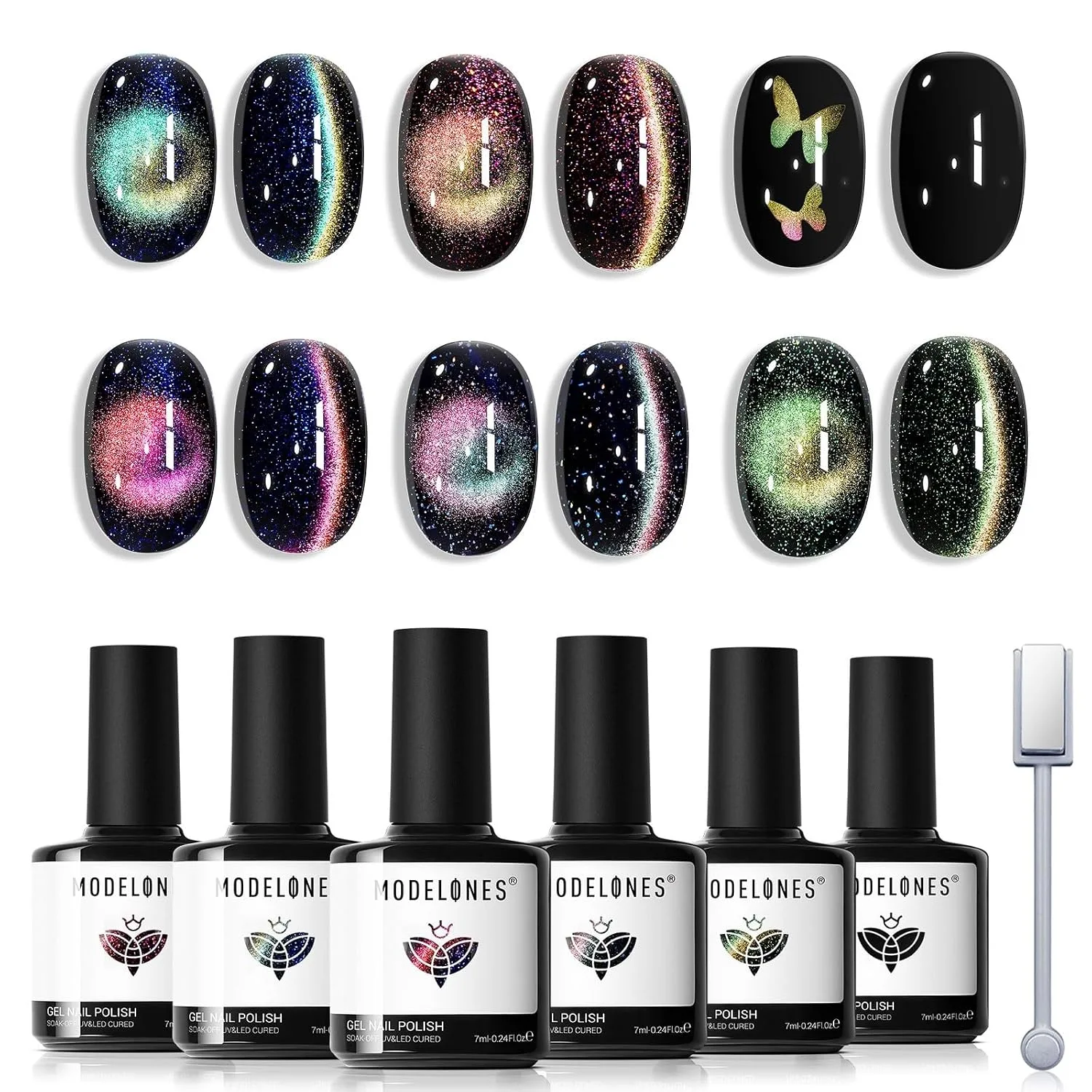 modelones Cat Eye Gel Nail Polish Set Glitter 6Colors Red Green Yellow
