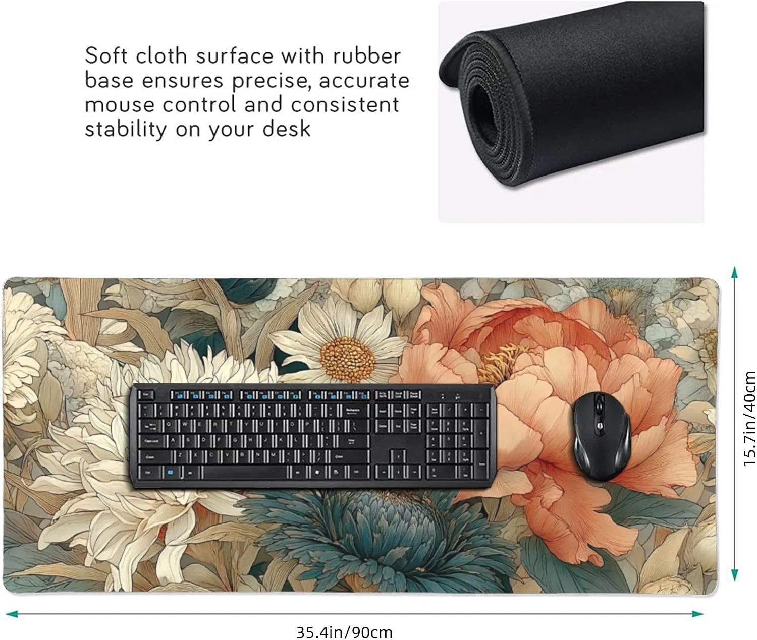 Retro Blossom Boho Floral Large Desk Pad, Anti-Slip Rubber Mouse Pad for Office and School, 35.4" x 15.7"