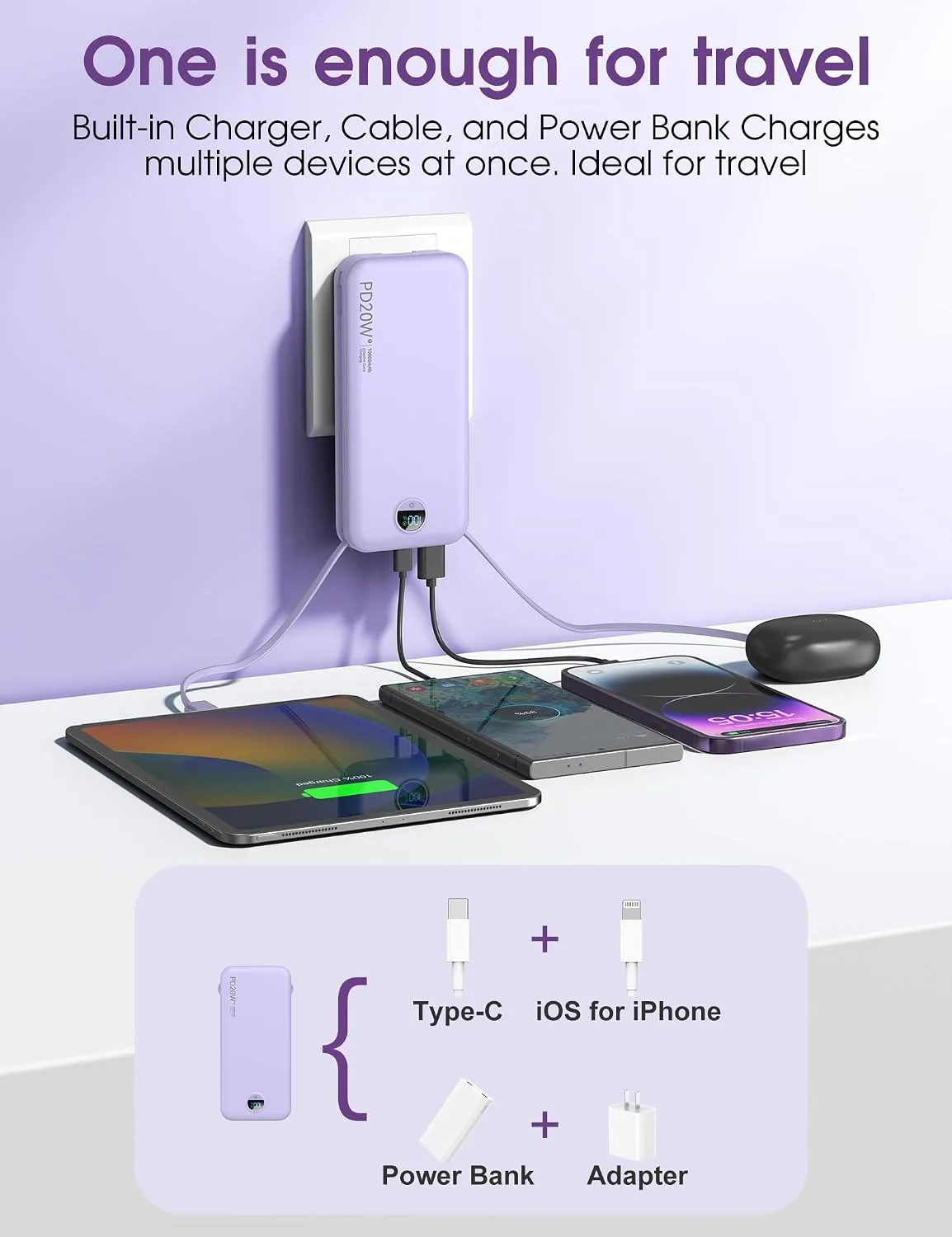 citicr Portable Charger 10000mAh PD20W w/Built-in Cables & Wall Plug Purple