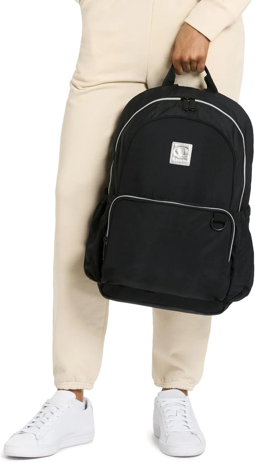 Champion Venice Laptop Backpack in Crinkle Nylon with Padded Adjustable Straps, Water Bottle Pocket for Work, Travel, Commute, Black, One Size
