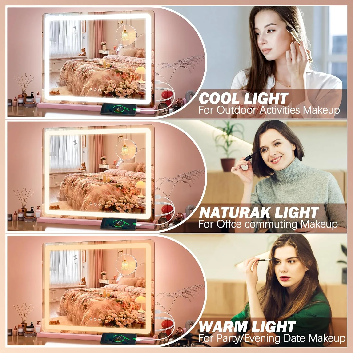FENNIO 23" x 18" Vanity Mirror with Lights，LED Makeup Mirror，Hollywood Mirror with 3 Color Modes & Adjustable Brightness，Vanity Mirror Pink