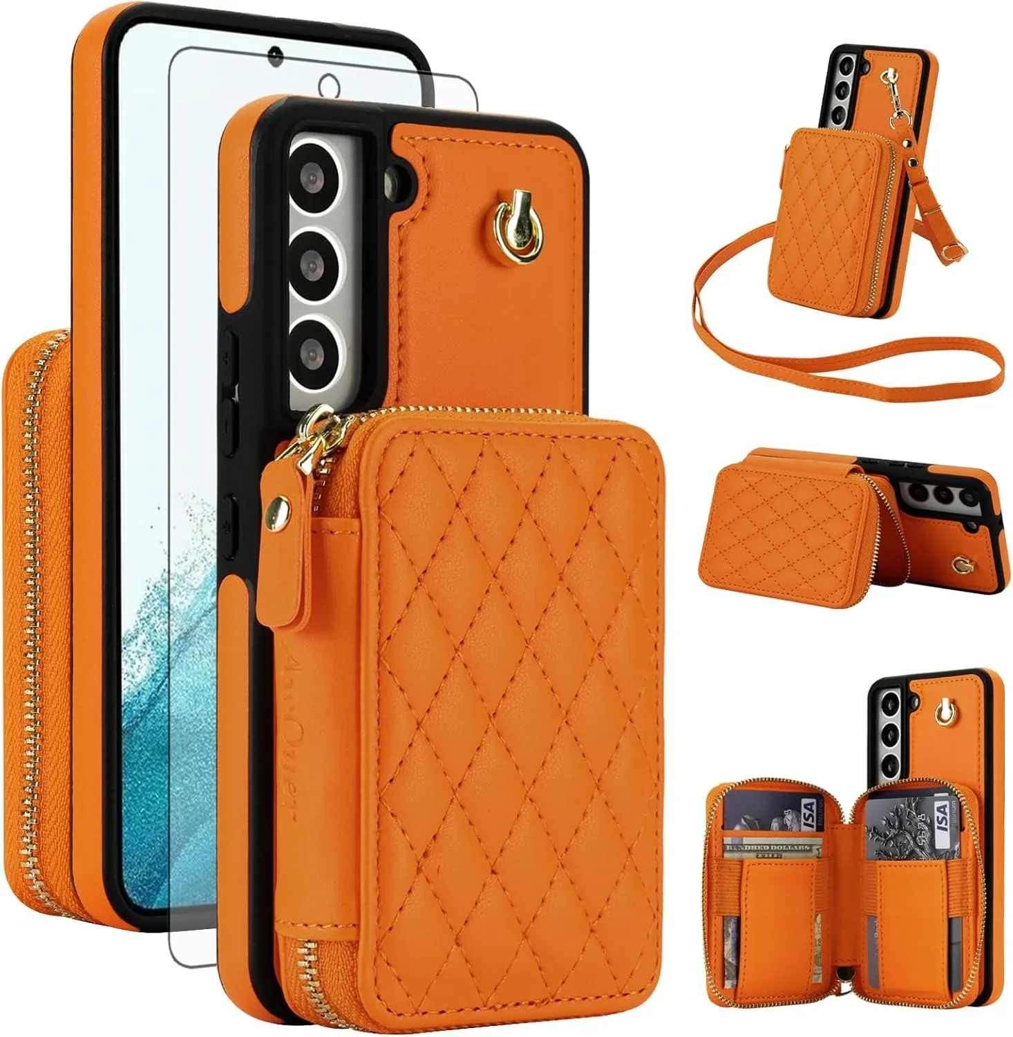 Asuwish Phone Case for Samsung Galaxy S21 5G 6.2 inch Wallet Cell Cover with Tempered Glass Screen Protector Wrist Crossbody Strap Stand RFID Blocking Credit Card Holder S 21 21S G5 Women Girls Orange