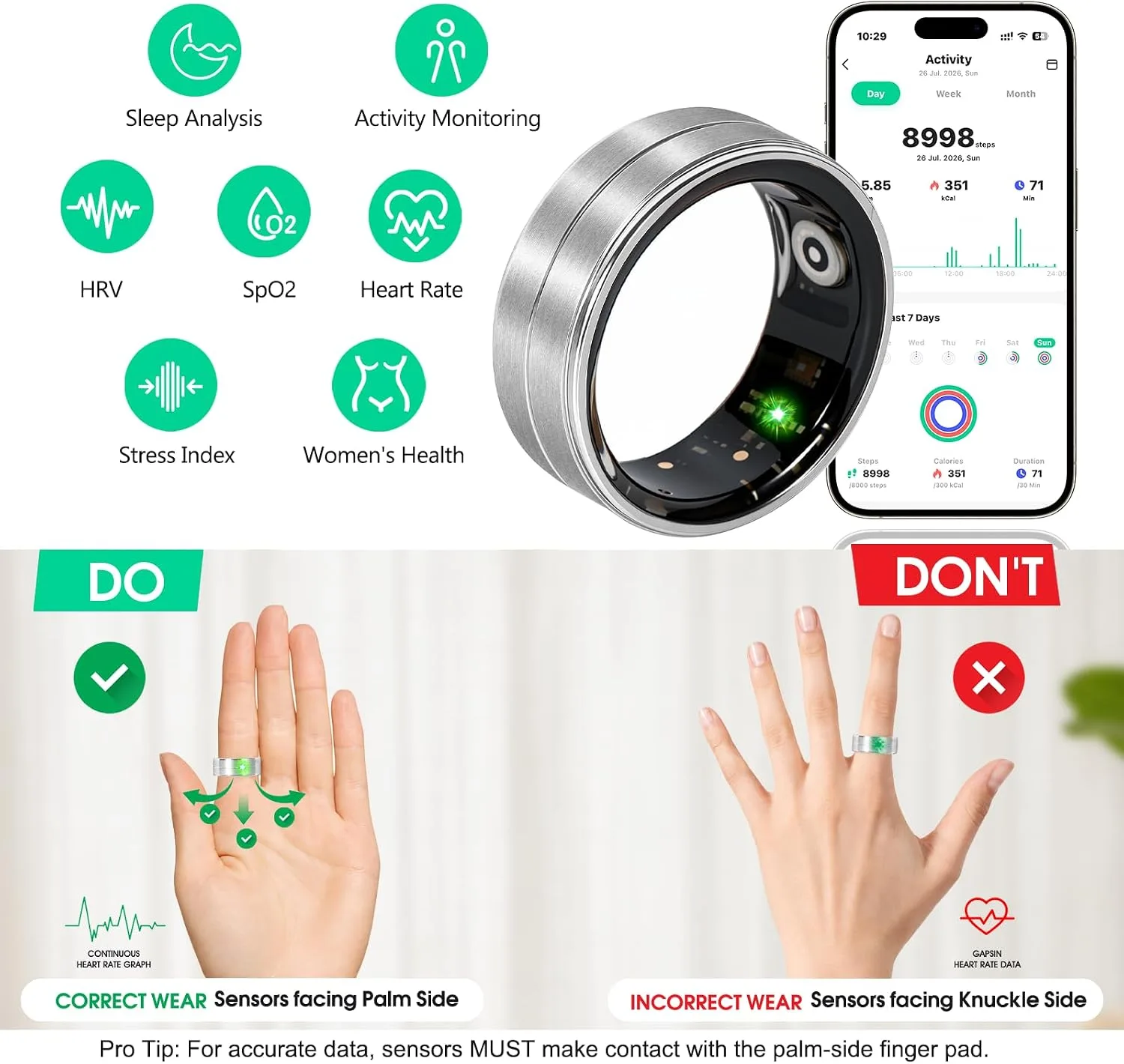 Smart Ring for Women Fitness Ring Health Ring, No Subscriptio Silver 9#