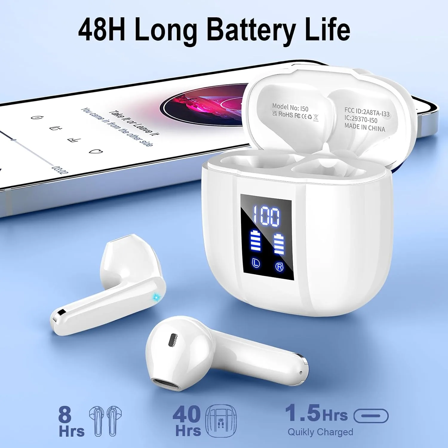 Wireless Earbuds, Bluetooth 5.4 Headphones, 48H, Stereo Ear Buds, LED Display Earphones with Mic, IP7 Waterproof In EarBud, Comfort Fit, Bluetooth Earbuds for Phone Android iOS, Sport, Walk, White