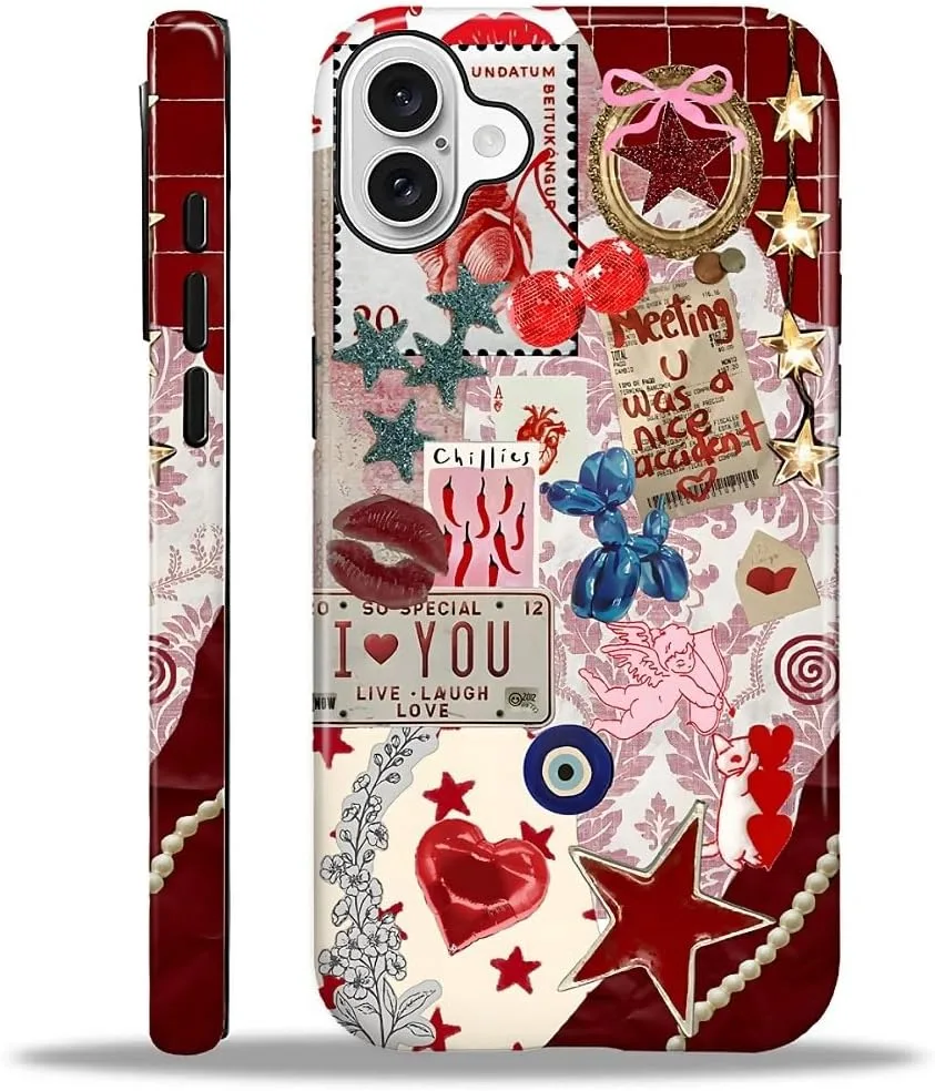 DAIZAG Case for iPhone 16,Mixed 2 Layer Design Shockproof Soft TPU Ddouble Protection Phone Case for iPhone 16-Conch Red Pearl Collage