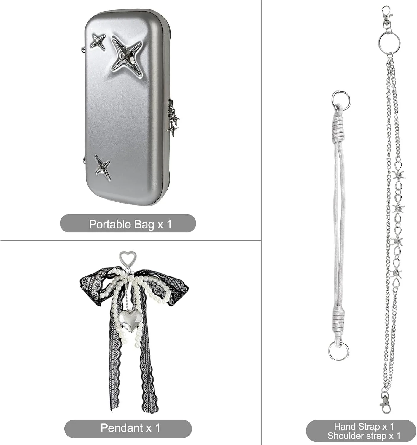 VirgoCCY Y2K Silver Carrying Case Set for Nintendo Switch 2 2025, with Y2K Silver Chain Strap, Handle Strap, Cute Charms Travel Cases Portable Storage Protective Hard Shell for Girls Girly