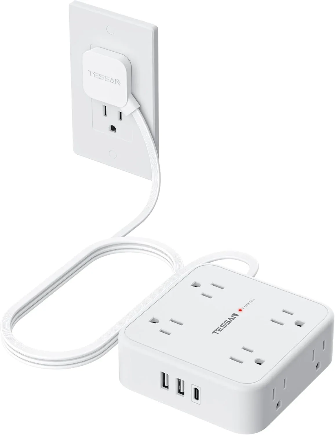 Regleta de protección Tessan con 8 tomas, 3 puertos USB y cable de 5 pies, blanca