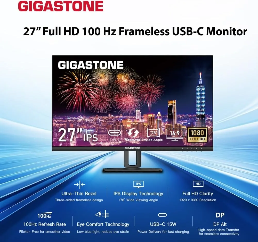 Gigastone 27 inch IPS Monitor, 100Hz FHD 1920 x 1080, MPRT 1ms,Built in Speakers,VESA Mount, Stand Height/Pivot/Swivel/Tilt Adjustable, USB-C/HDMI/Display Port Connectivity, Type C Charging to iPhone