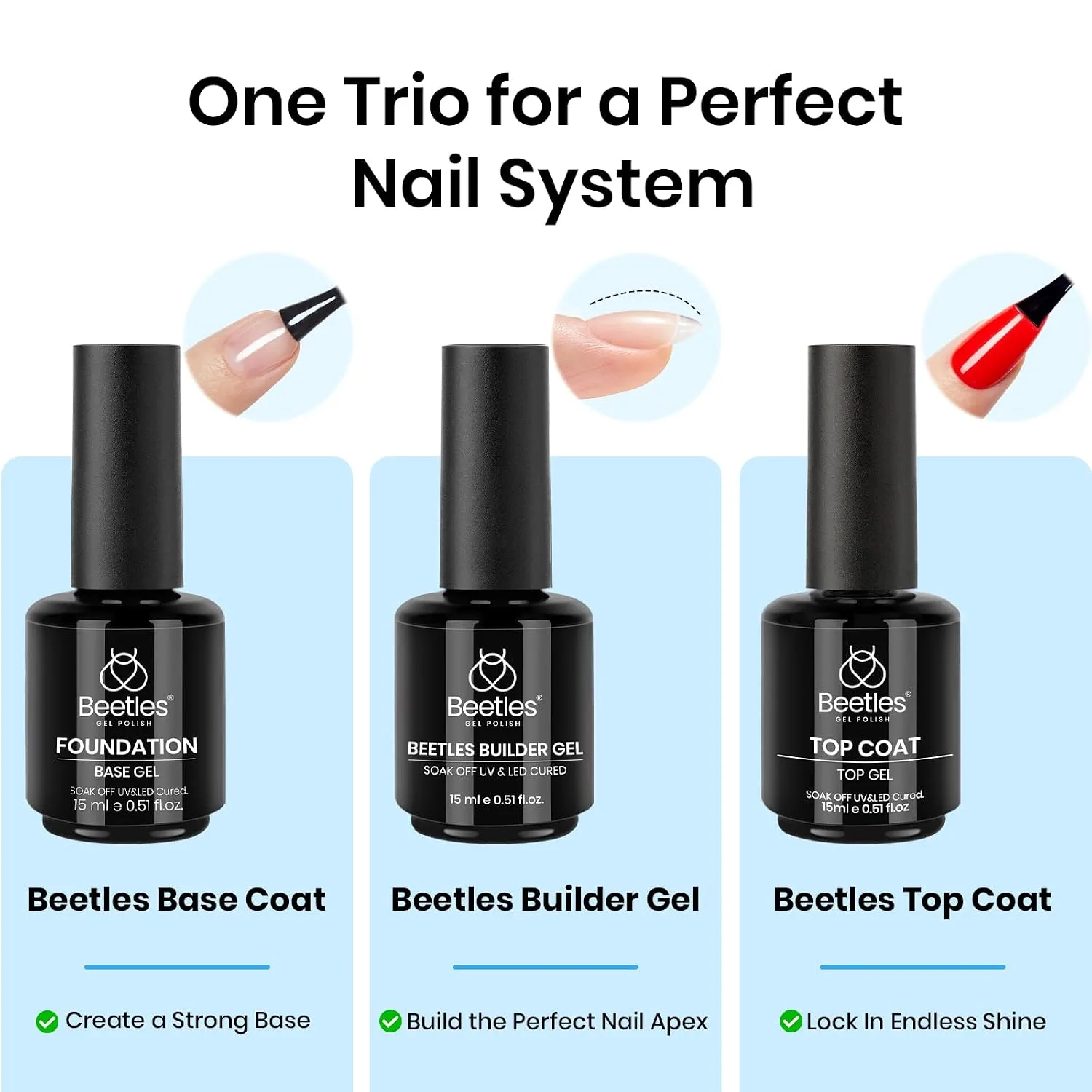 Beetles Builder Gel for Nails with Gel Base and Top Coat Set 3Pcs