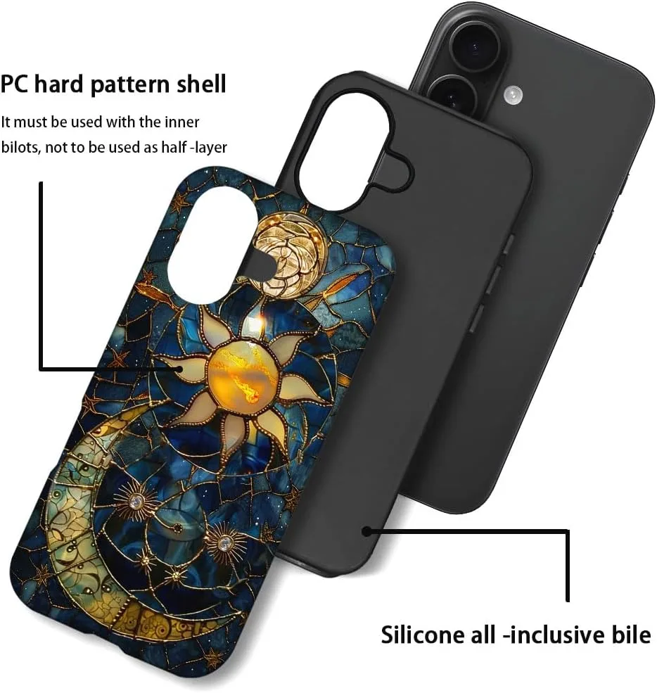 Case Compatible with iPhone 17,Fall Prevention Hybrid 2-Layer Hard Shell Phone Cover for Girls Boys,Sun Moon Celestial Glass