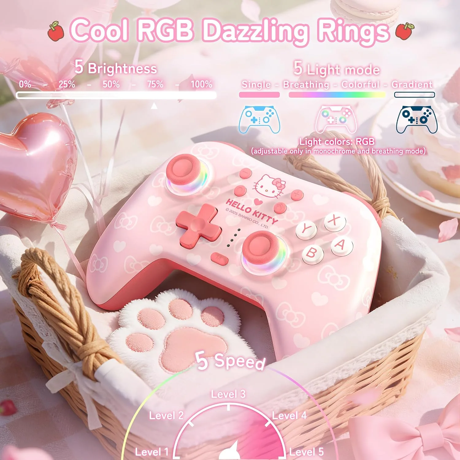 Kuitmor Hello Kitty Switch Pro Controller, Cute Hall Effect Wireless Gamepad No Drift for Switch 2/Switch/OLED/Lite, PC/Steam, Android, iOS, Bluetooth + Wired, Turbo, Back Buttons,6-Aixs Gyro, Wake-up, RGB (Pink, Without 2.4g Receiver)