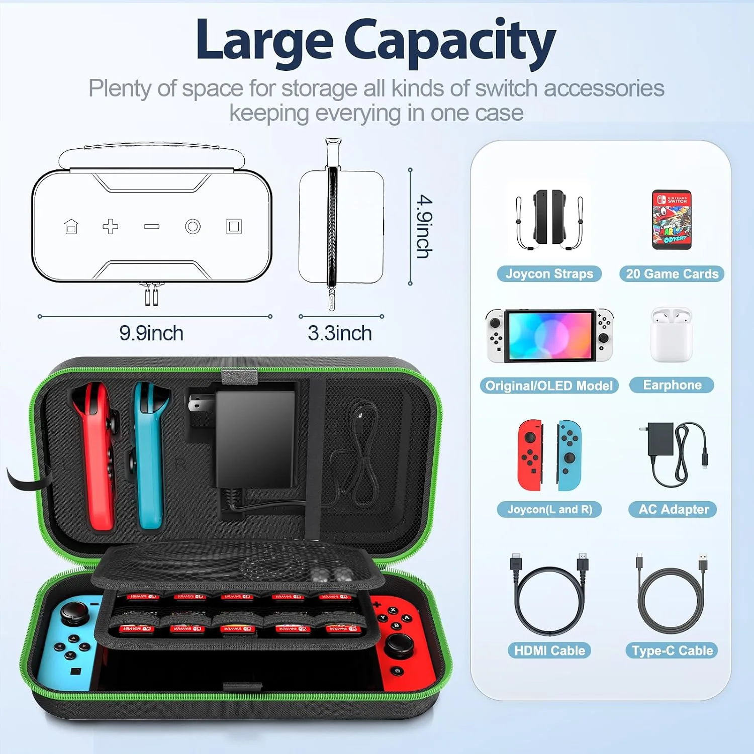 OIVO Switch OLED Carrying Case Compatible with Nintendo Switch & OLED, Portable Switch Travel Carry Case Fit for Joy-Con and Adapter, Hard Shell Protective Switch Pouch Bag with 20 Games, Green