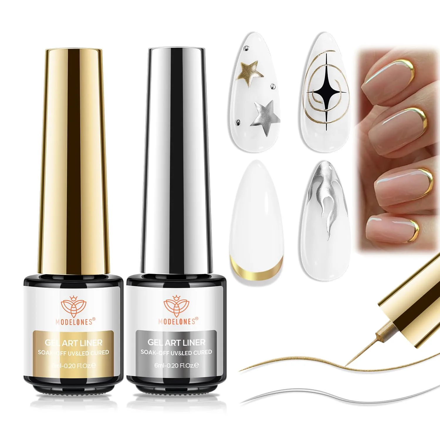 Esmalte en gel para uñas Modelones Chrome Liner Oro y Plata con pincel fino incorporado