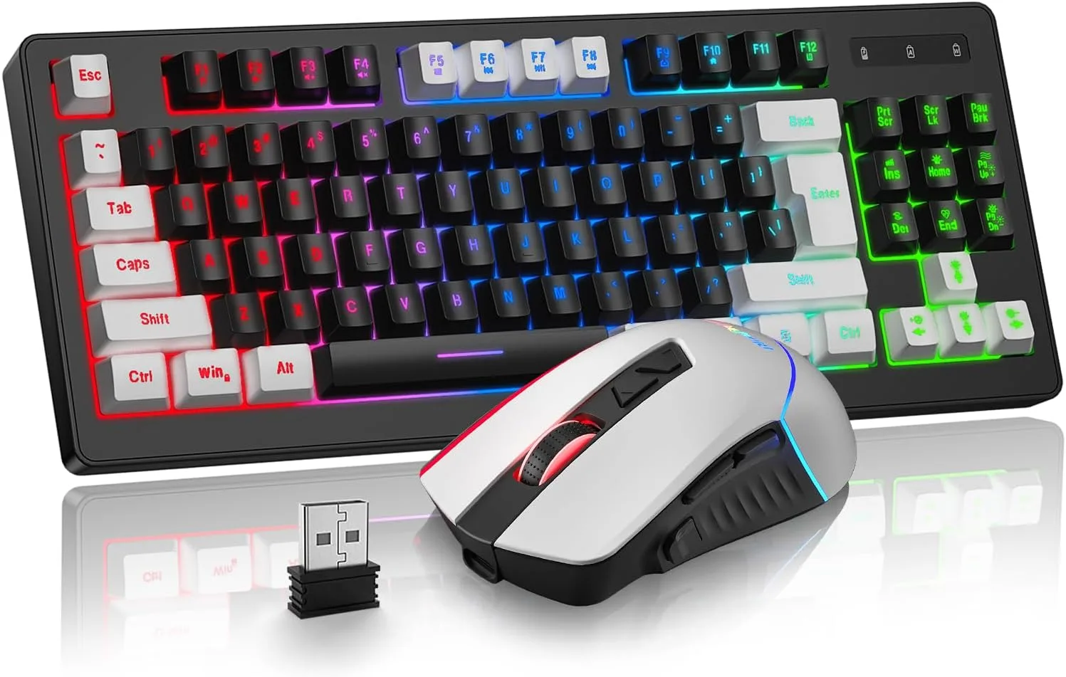 BlueFinger Wireless Gaming Keyboard and Mouse Combo, RGB Rainbow Backlit Rechargeable Battery, 87 Keys TKL Light Up Keyboard with Ergonomic Gaming Mouse for Mac Laptop Computer PC Gamer(White & Black)