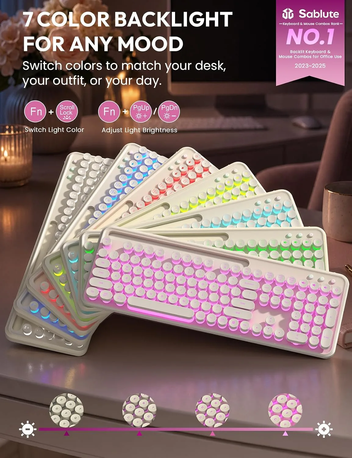 Wireless Keyboard and Mouse, Backlit Typewriter with Magnetic Wrist Rest