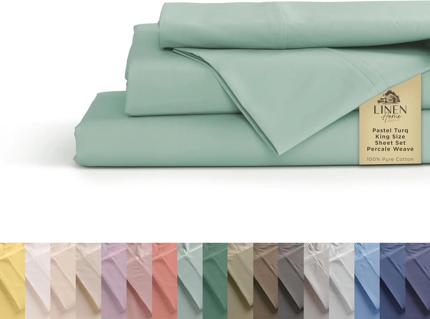 Linen Home 100% Cotton Percale King Sheets, 4 Pc Cooling Set - Pastel Turk
