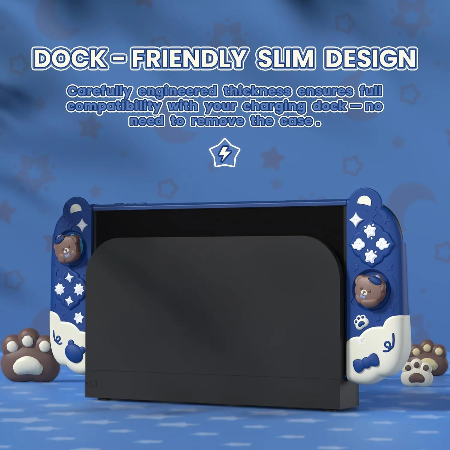 PlayVital Good Night Bear Dockable Case for Nintendo Switch 2 with Stand | Split Design Silicone Joycon Grips, PC Console Hard Shell, 2 Joystick Caps | Cute Protective Cover Bundle – Midnight Blue
