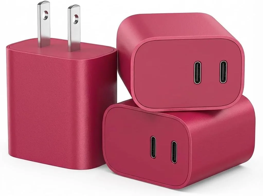 USB C Charger Block 3 Pack, Dual Port 20W Fast Wall Plug (Red)